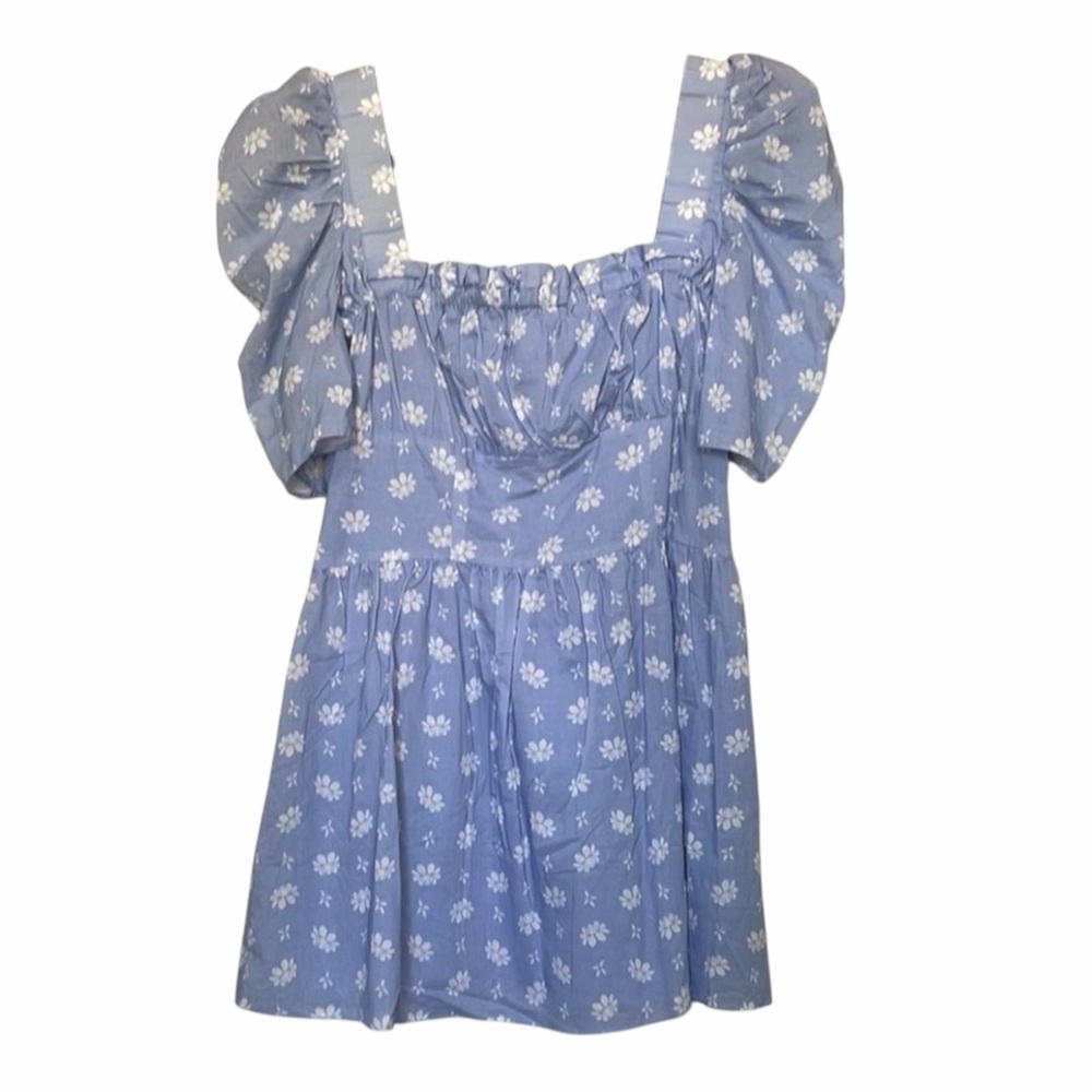 Steele Mini Rumi Dress Womens Large Puff Sleeve Square Neck Cotton Designer NWT